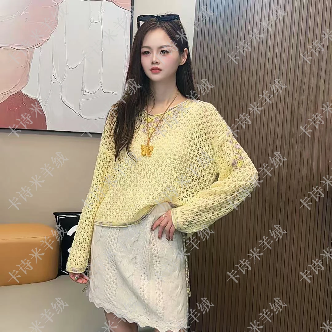 【卡诗米羊绒】25362彩肩镂空抽绳时尚山羊绒100%高定女宽松上衣