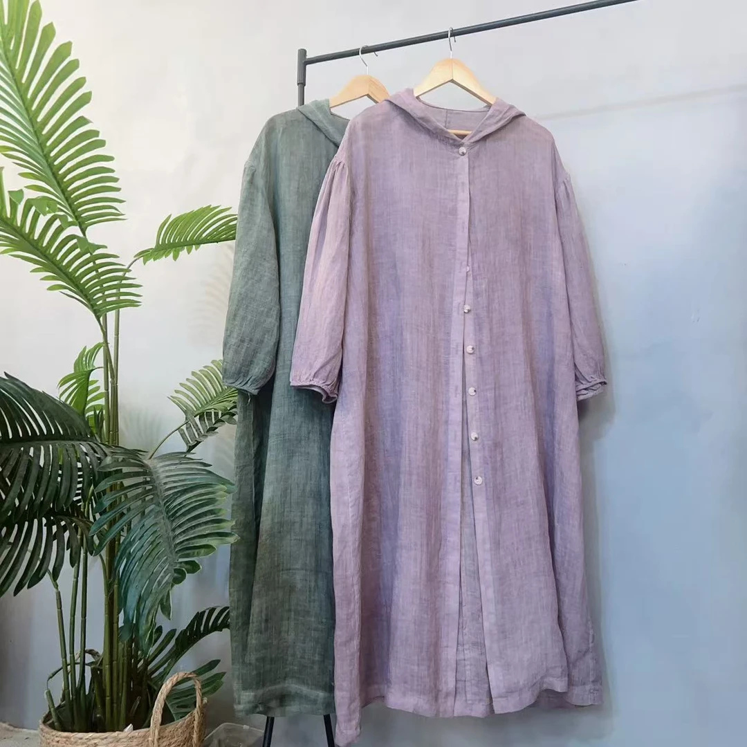 【M836】夏季苎麻长款连帽衬衫外套，衣长115厘米
