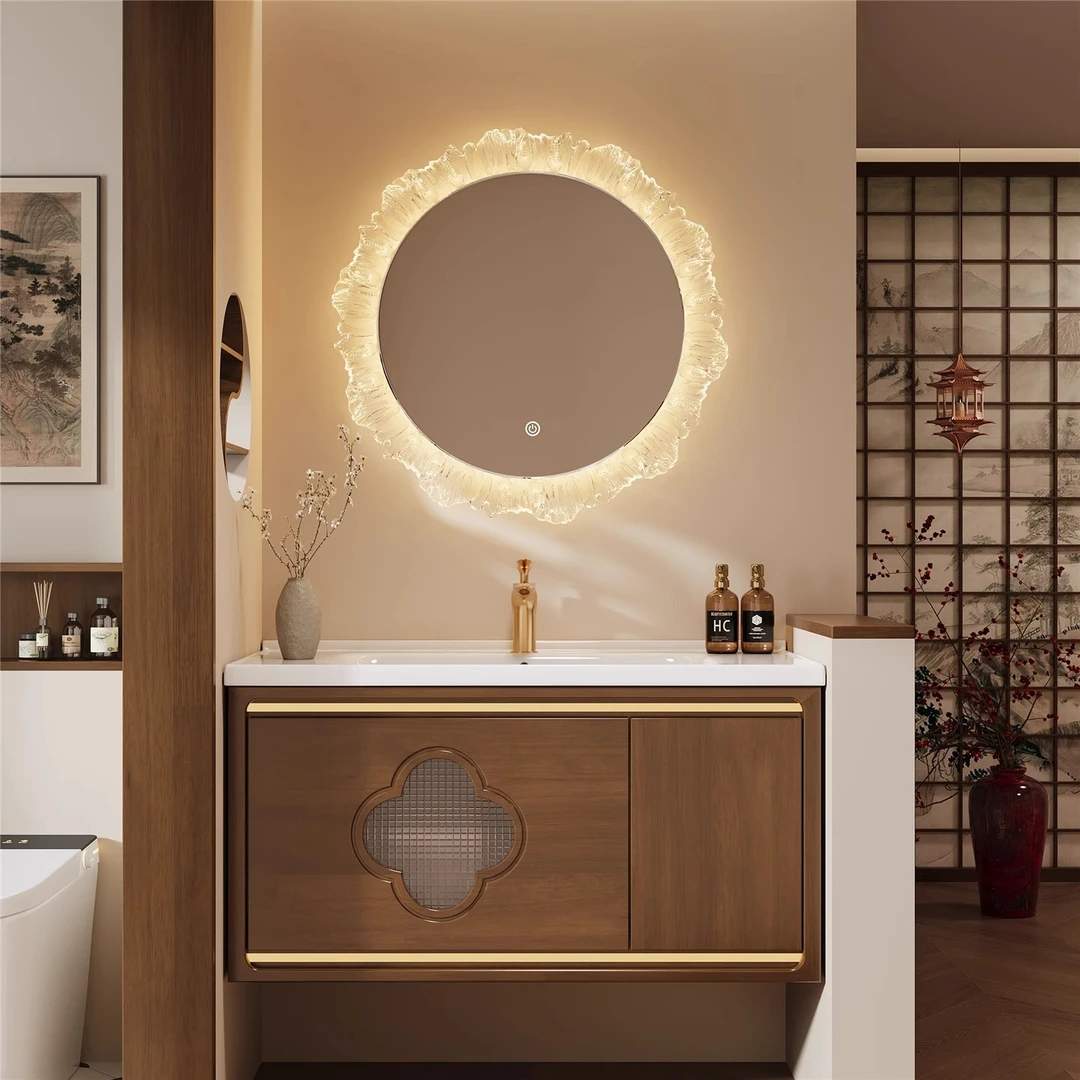 新中式浴室柜陶瓷一体盆中古风洗手洗脸盆柜组合橡木卫生间洗漱台