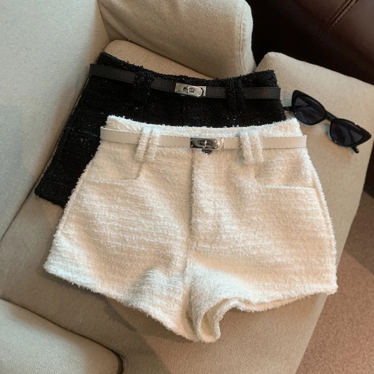 自留款推荐~小香风亮丝粗花呢高腰短裤女秋冬款气质百搭显瘦靴裤
