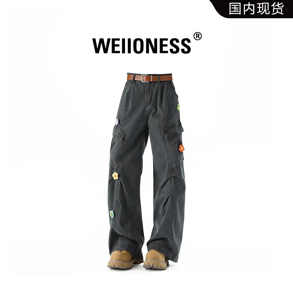 WEIIONESS复古多口袋直筒工装裤男美式高街vibe宽松花刺绣伞兵裤