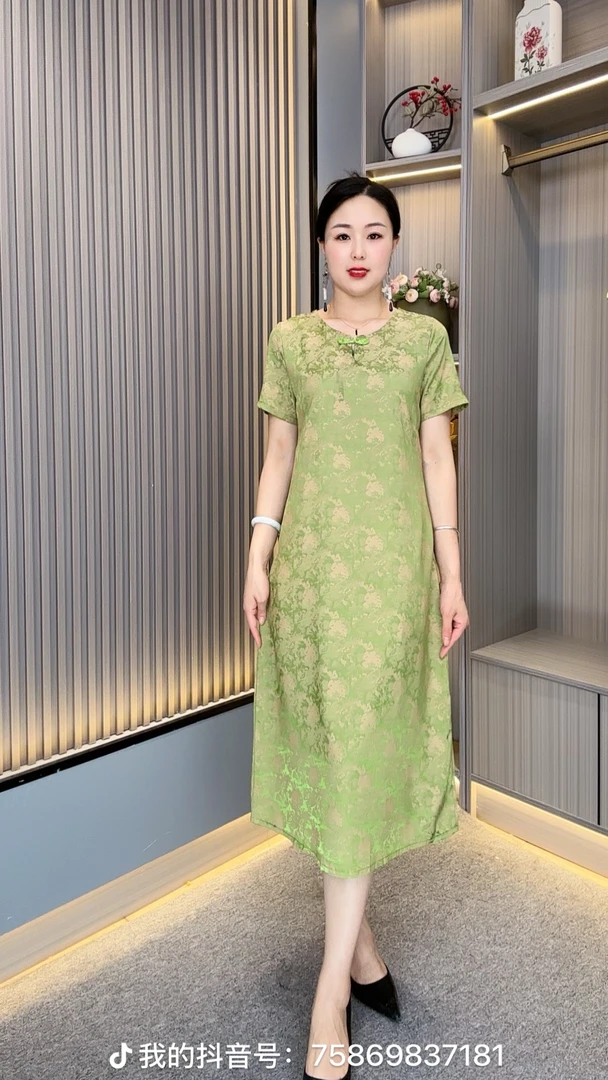 园艺YJ2016碎花时尚妈妈装气质V领复古中长款连衣裙