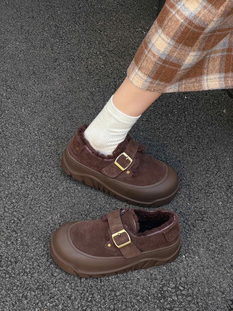 欧洲站韩版磨砂皮厚底勃肯鞋女秋冬加绒真皮休闲鞋娃娃头厚底
