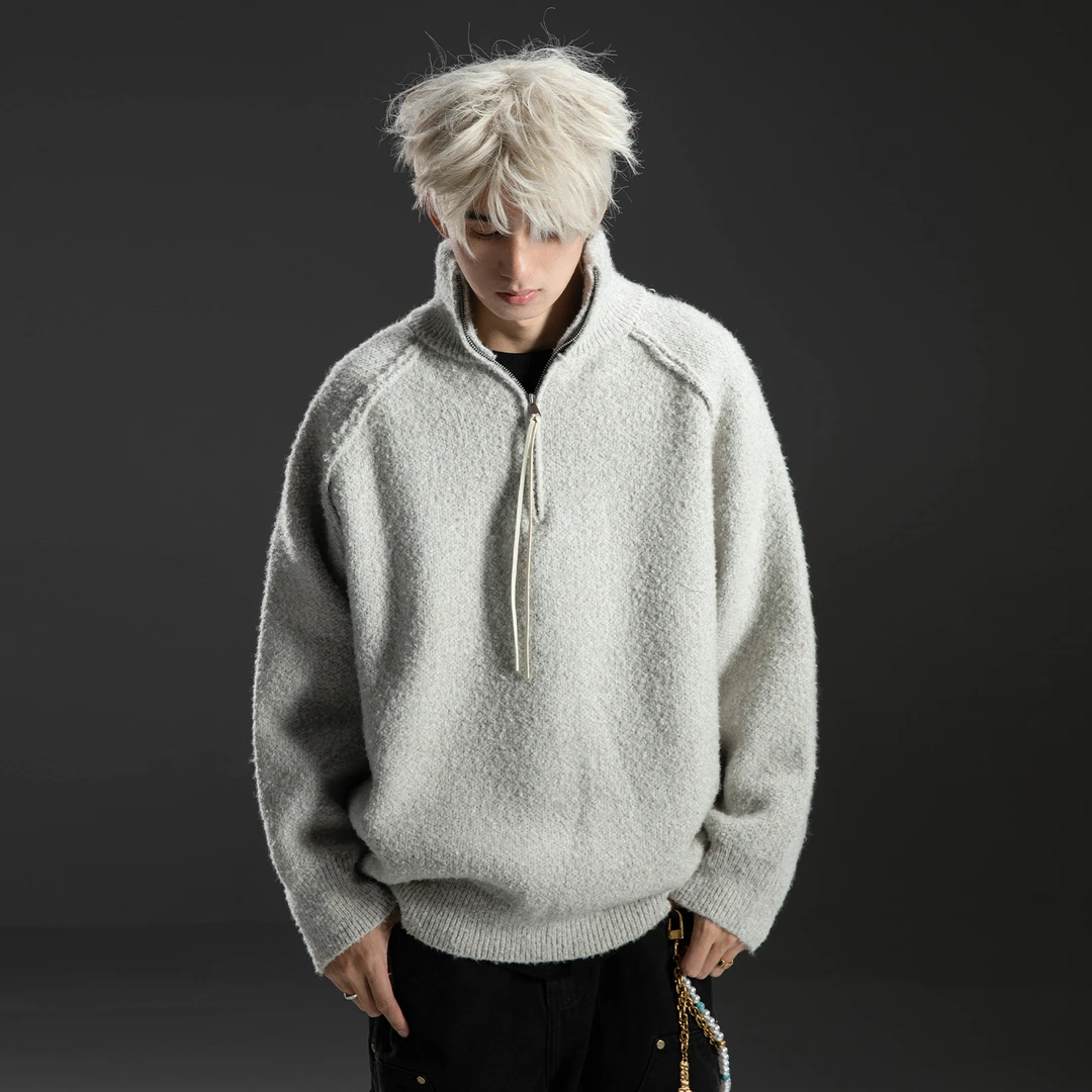 【半拉链系绳】慵懒风软糯套头毛衣男宽松休闲针织衫潮7023男生