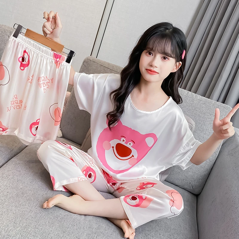 女童睡衣2025新款冰丝家居服三件套中大儿童春夏季短袖长裤空调服