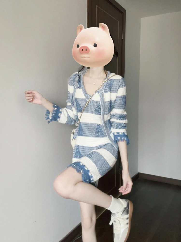 法式漂亮高级感独特绝美蓝白条纹针织开衫背心裙小香风套装女春夏