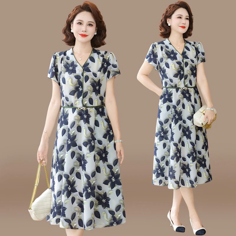 端庄大气妈妈连衣裙夏季雪纺长裙中老年女装夏装2025新款洋气裙子