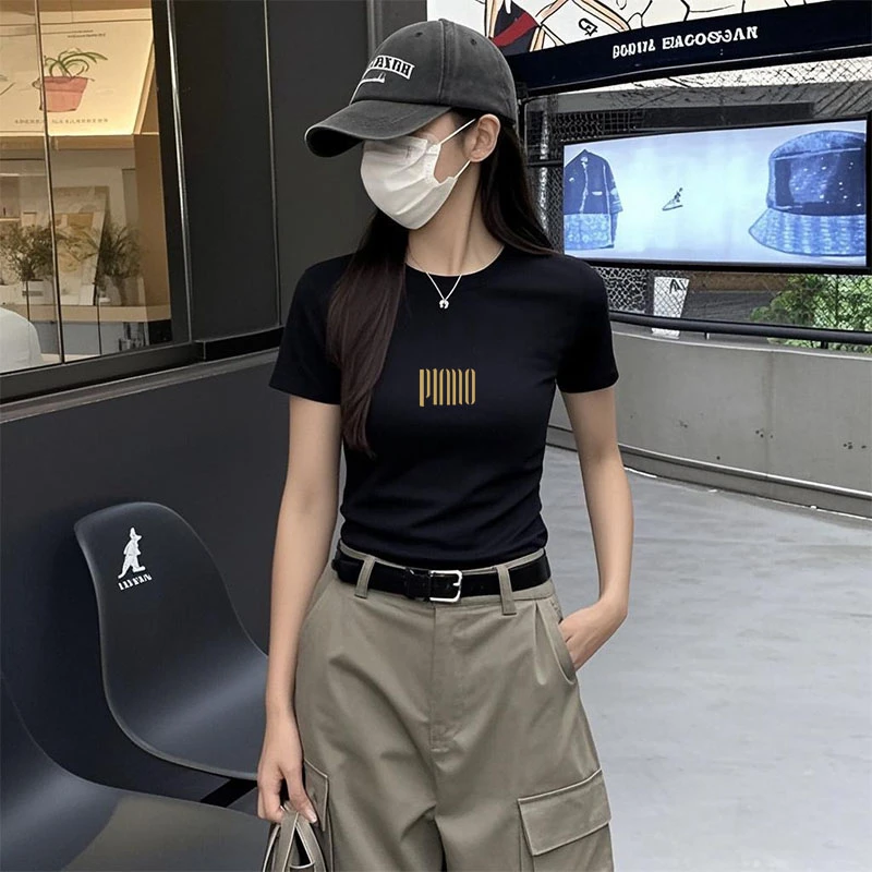 黑色圆领正肩短袖t恤女2025新款夏季棉质修身显瘦百搭基础款上衣