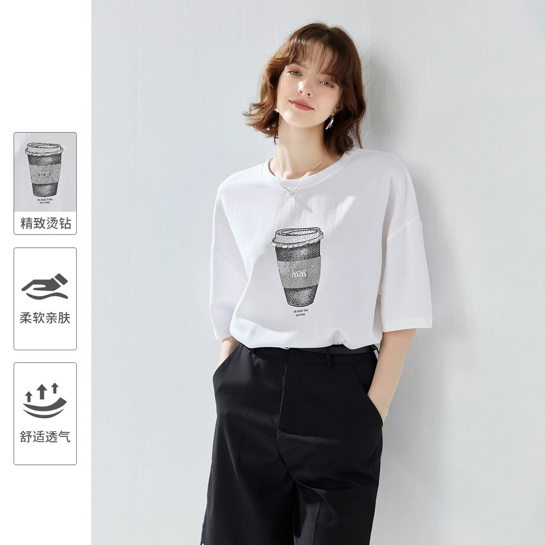 2025夏款印花碎钻设计圆领短袖上衣宽松时尚休闲T恤女