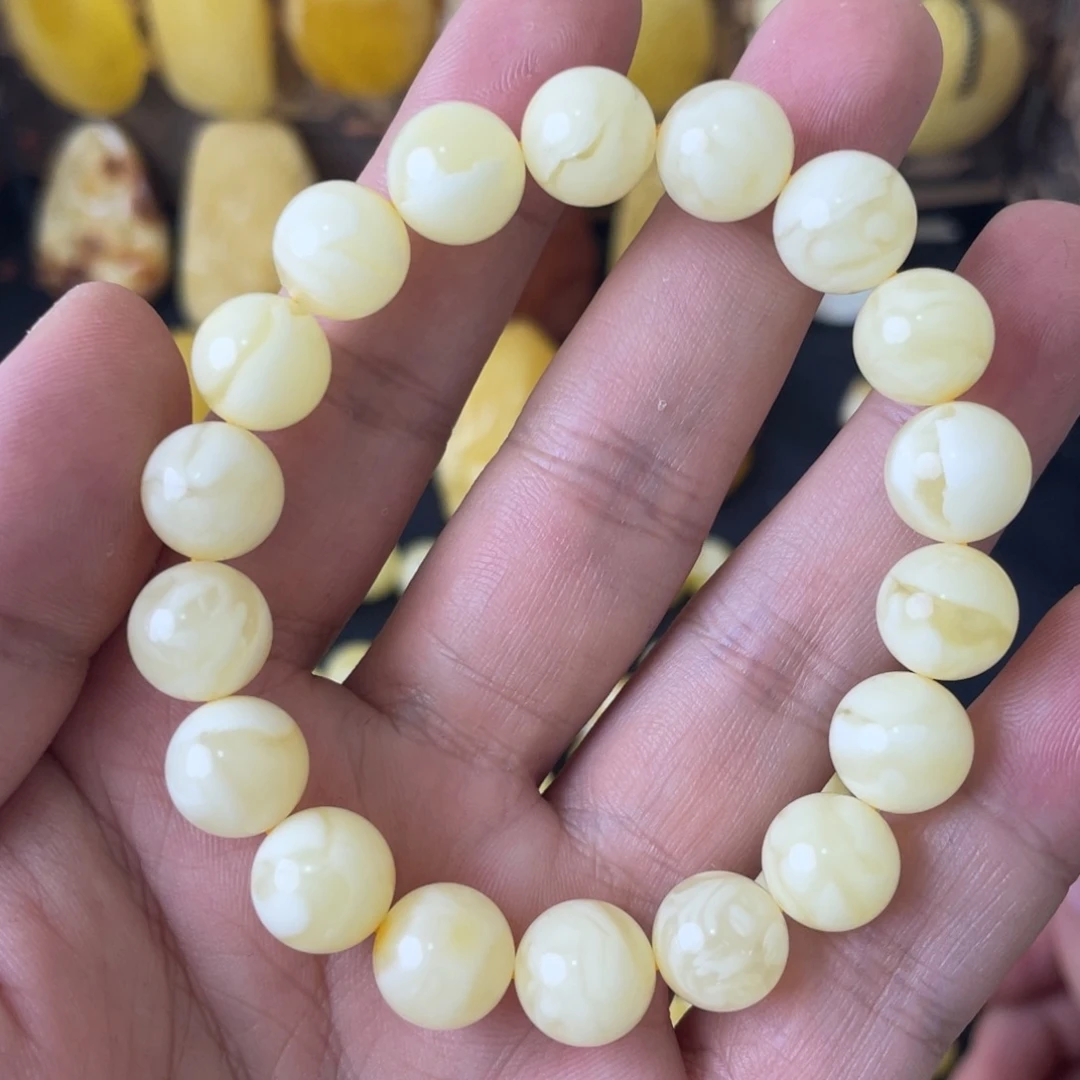 琥珀未镶嵌手串11+俄料妖白花圆珠手串