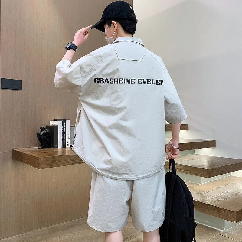 夏季简洁帅气薄开衫2025新款短袖t恤男衬衫套装青年大码宽松潮流