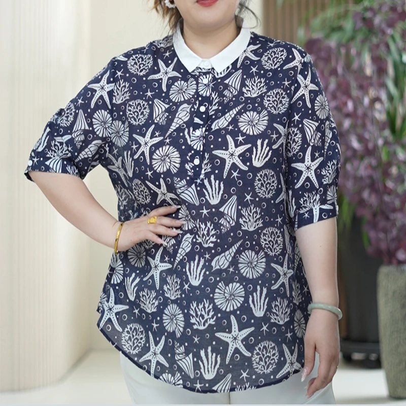 【小白领衬衫】呼吸巴厘纱海洋世界半袖女大码夏季透气薄软撞色衬衫