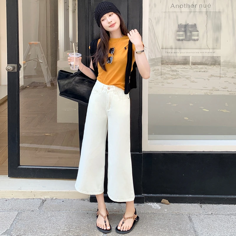 白色阔腿牛仔裤女夏季新款高腰宽松显瘦显高小个子胖MM八分奶奶裤