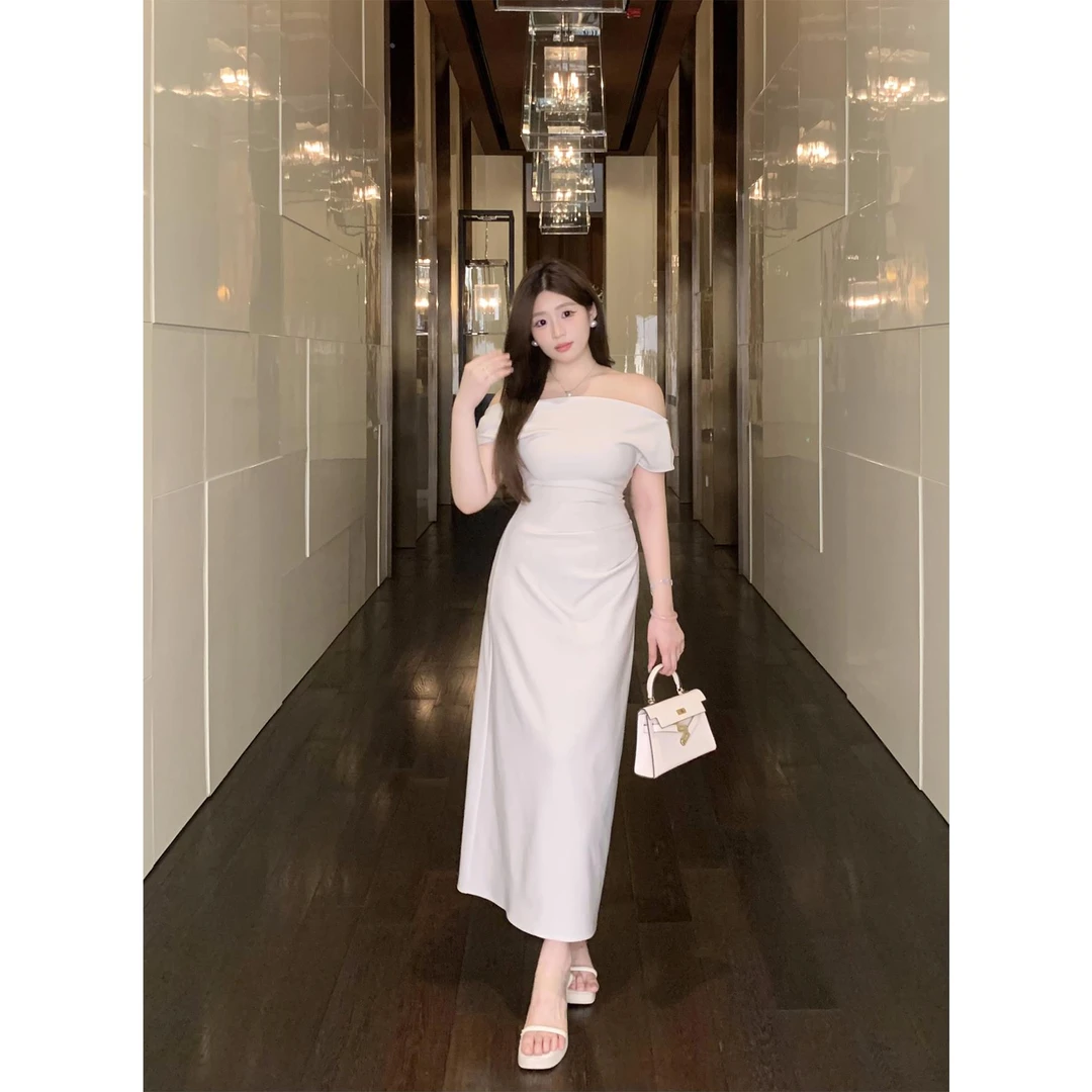 新款女士杏色短袖中长连衣裙时尚百搭女春纯欲修身一字肩包臀裙