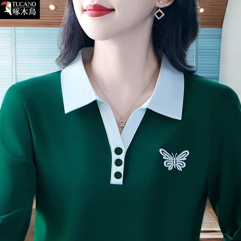 啄木鸟新款时尚小众刺绣上衣女减龄运动秋季长袖翻领拼色高级T恤