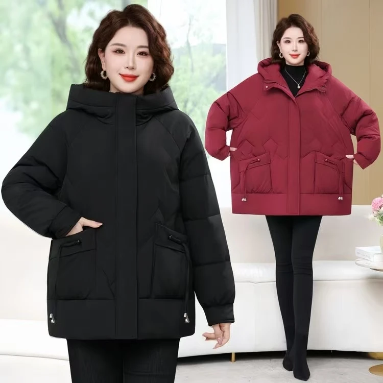 大码连帽女款冬季休闲洋气保暖短款妈妈装中老年加厚时尚宽松棉衣