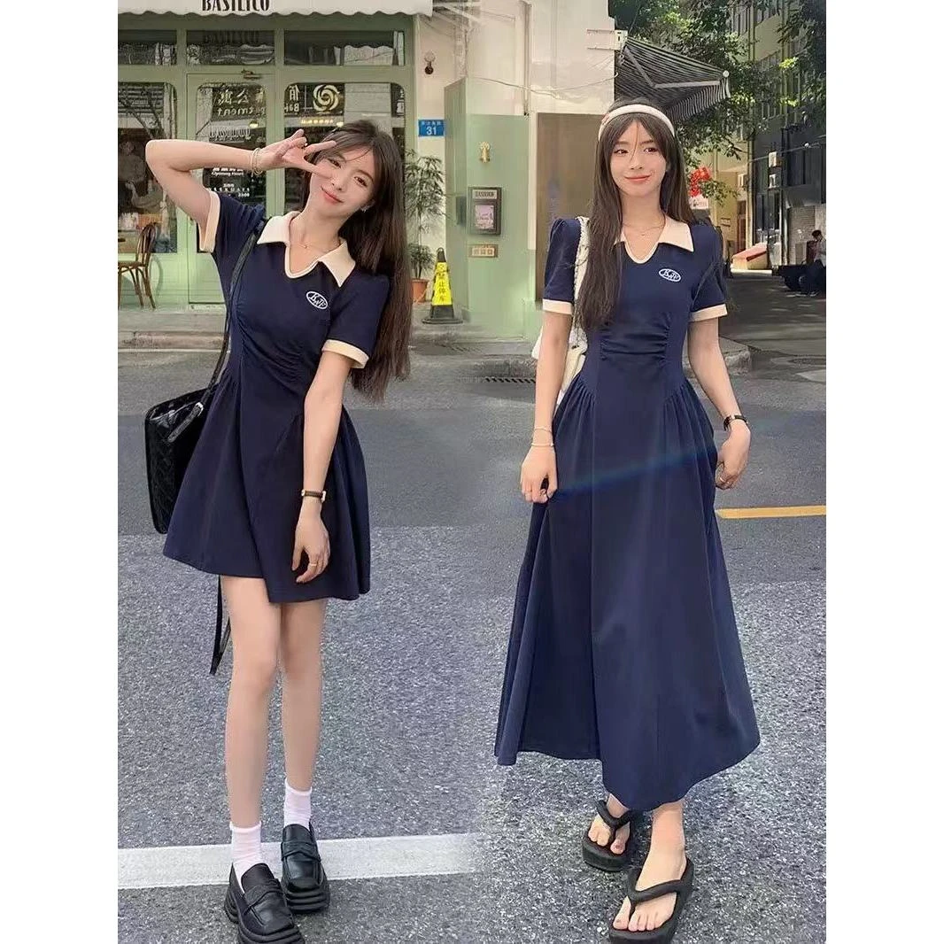 胖鑫家polo领连衣裙女2025夏季收腰A字显瘦遮肚裙子短裙1916+1913