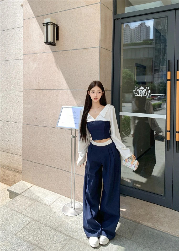 松弛慵懒假两件拼色修身衬衫上衣女2025早秋新款休闲直筒长裤套装