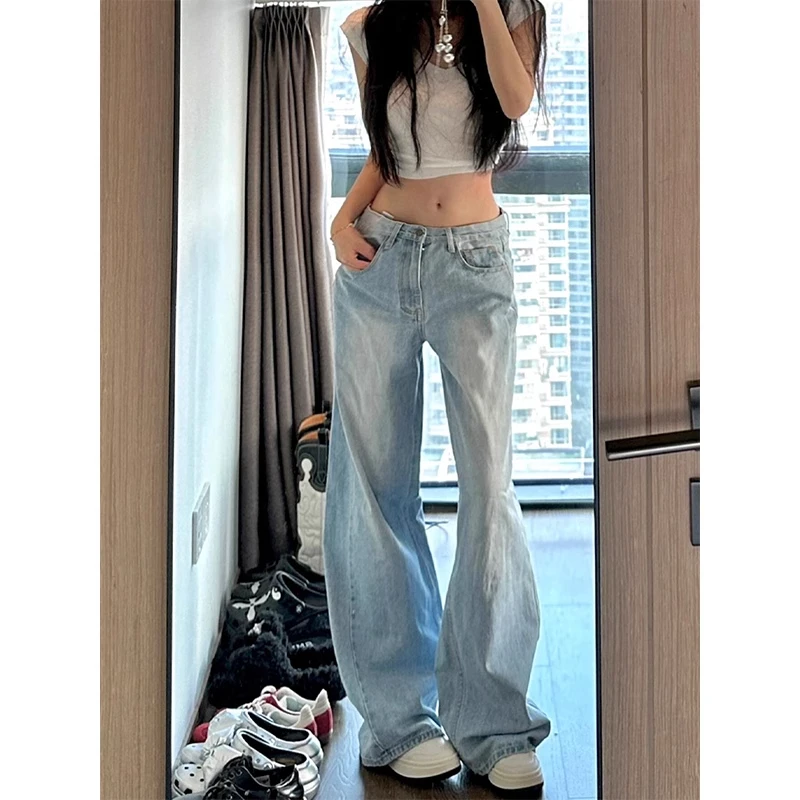 浅蓝色阔腿低腰牛仔裤女夏新款美式辣妹宽松显瘦百搭直筒拖地裤子