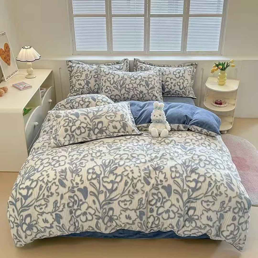 （三件套)加厚牛奶绒冬季双面印花轻奢床上套件可爱单双人保暖套件