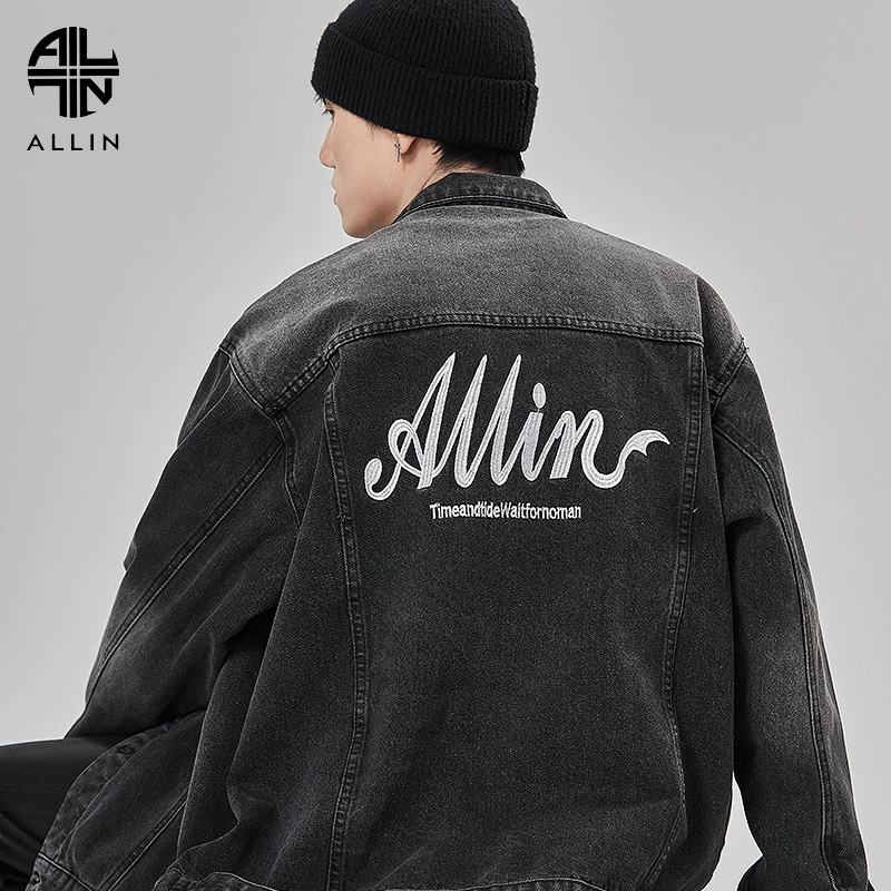ALLIN 品牌字母刺绣牛仔外套男春秋美式复古潮牌工装休闲水洗夹克