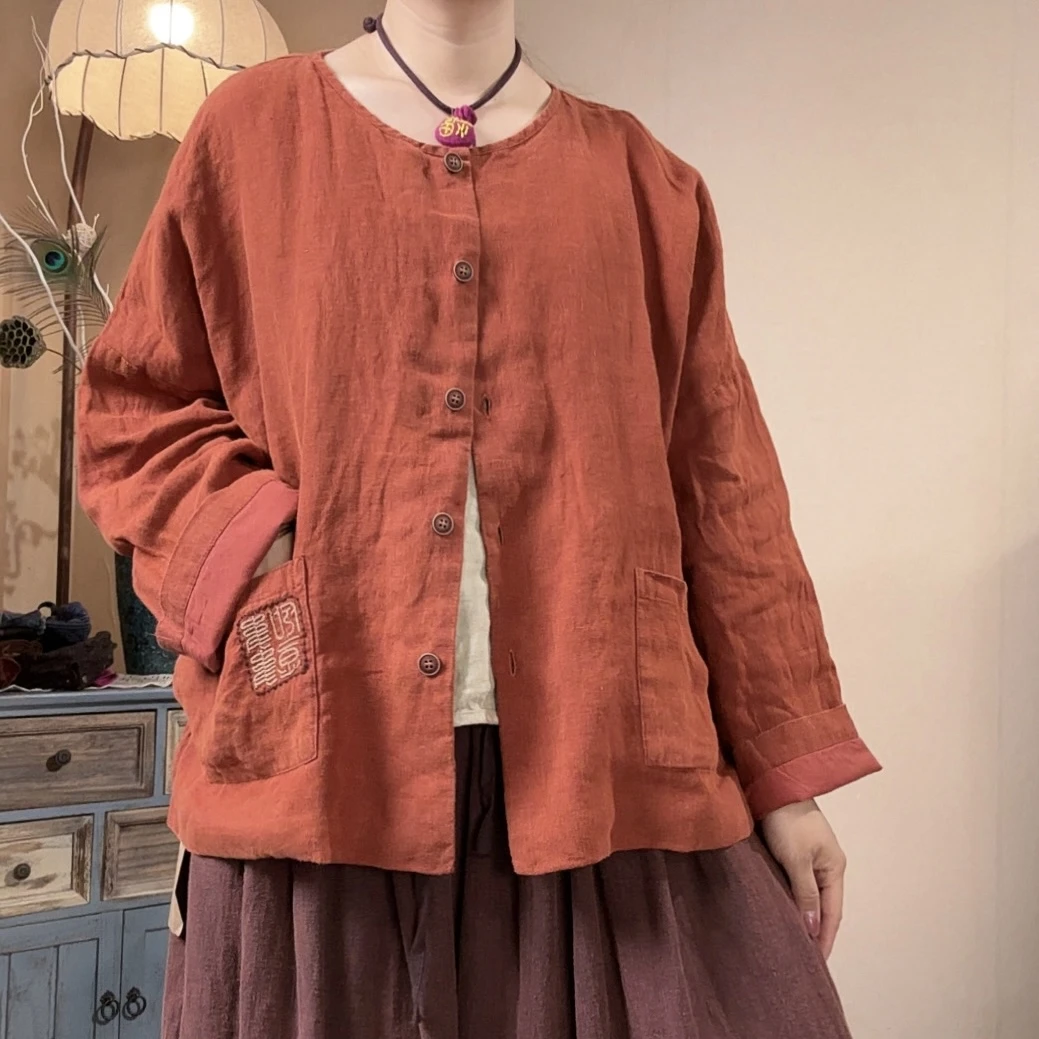 【语禾】F7056高品质砂洗双层亚麻休闲开衫外套（衣长64胸围140）