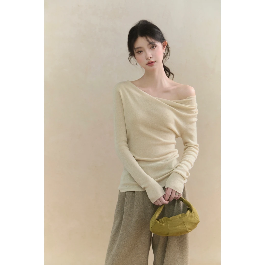温柔软糯绵毛荡领斜肩上衣打底修身显瘦长袖内搭神器