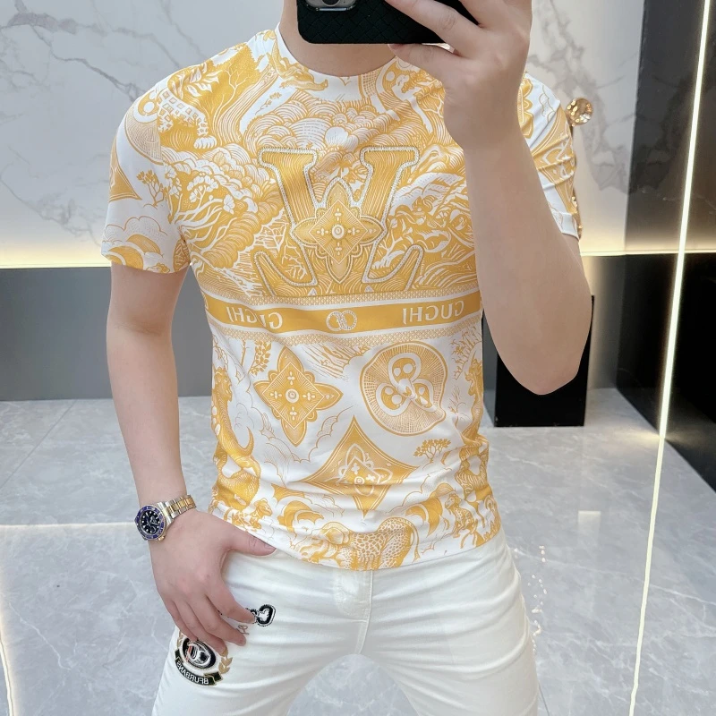 2025夏季新款丝光时尚欧版轻奢定位花潮流时尚圆领百搭短袖1151
