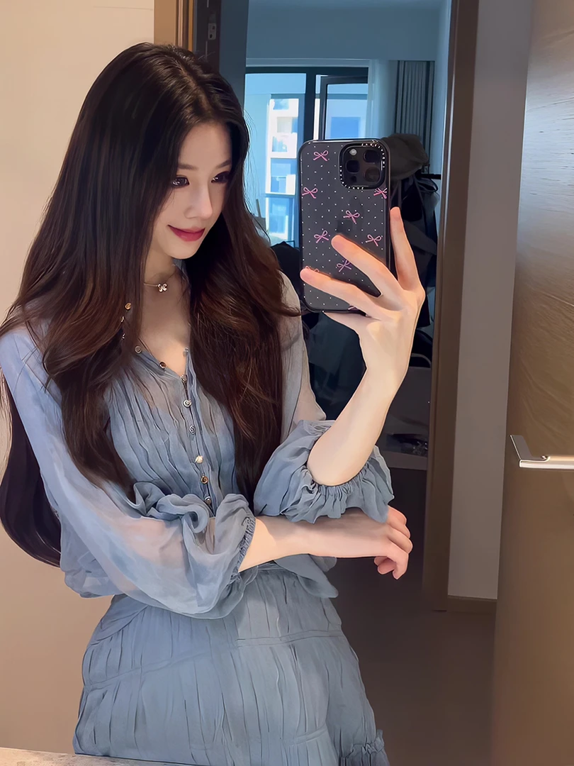 慕拾里MSL 温柔甜美风蓝色灯笼袖修身连衣裙女夏季褶皱收腰长裙子