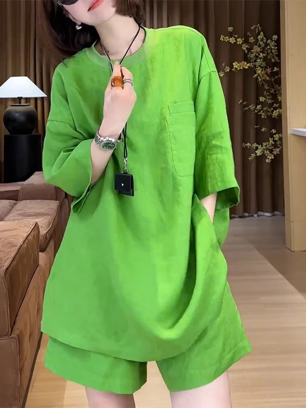 绿色极简时尚套装女2025夏季新款苎麻短裤T恤时尚气质减龄两件套