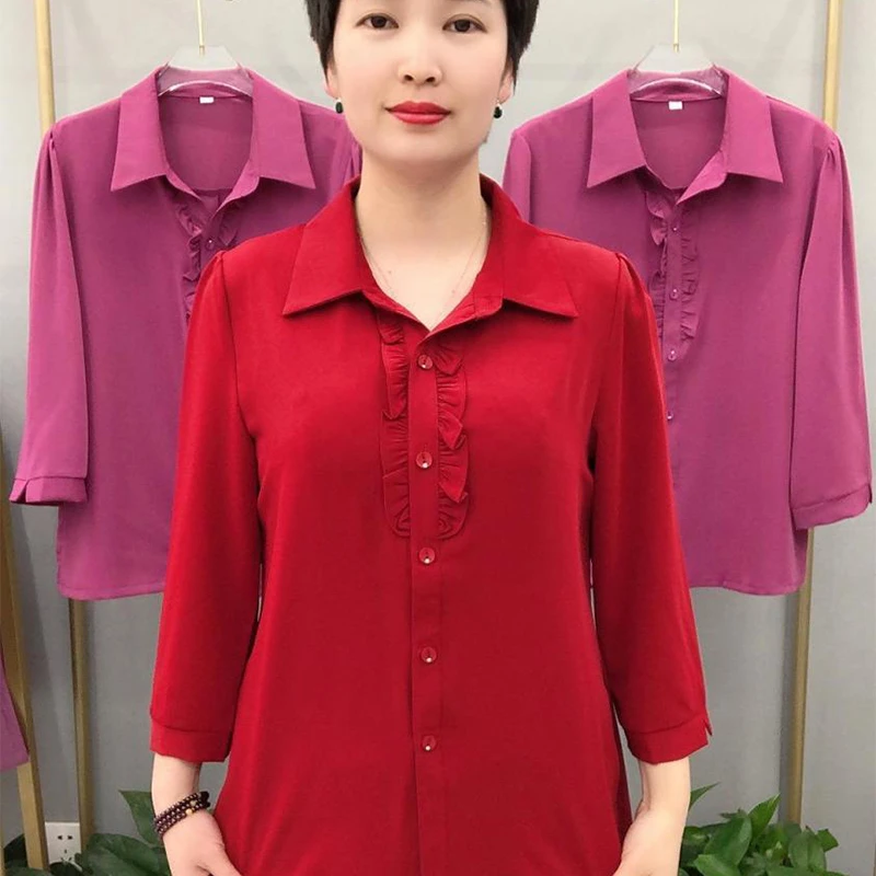 2025春季新款衬衫木耳七分袖百搭衬衣宽松妈妈装女装中年显瘦上衣