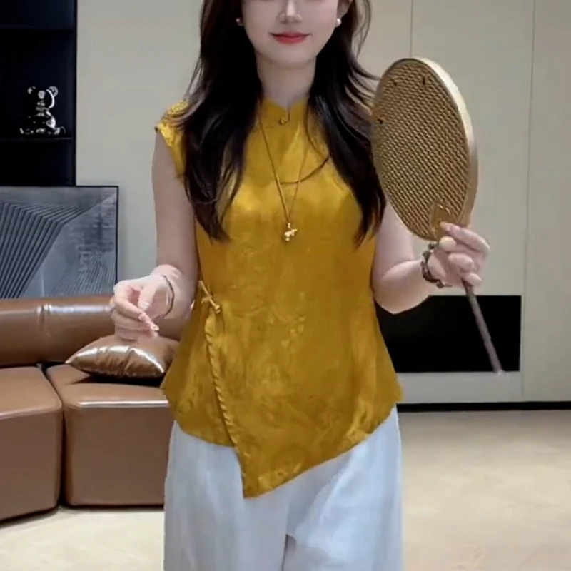 中式国风设计感不规则衬衫女2025年夏季新款洋气减龄提花无袖上衣