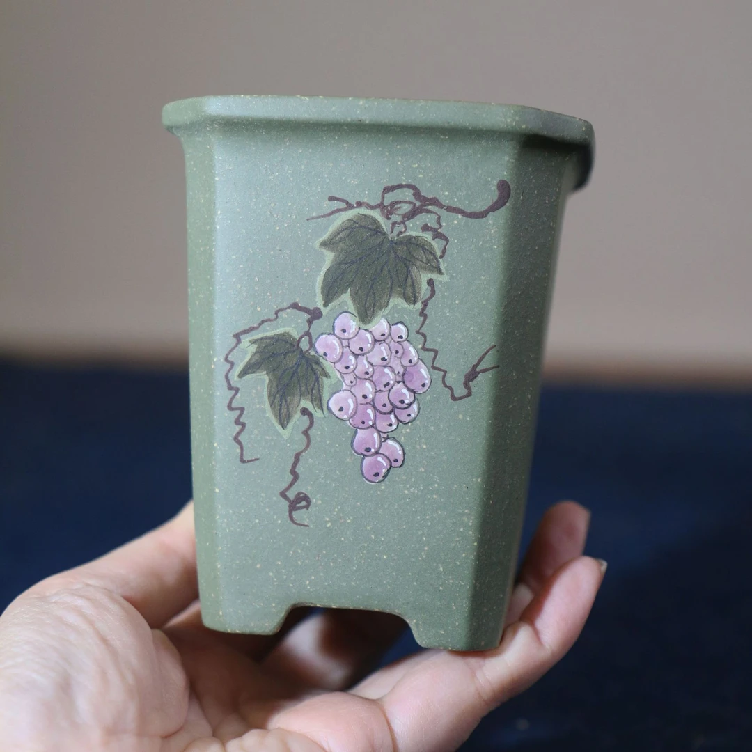 紫砂花盆绿泥葡萄泥绘手工盆彩绘名家盆正方形桌面盆栽苏兵中国风