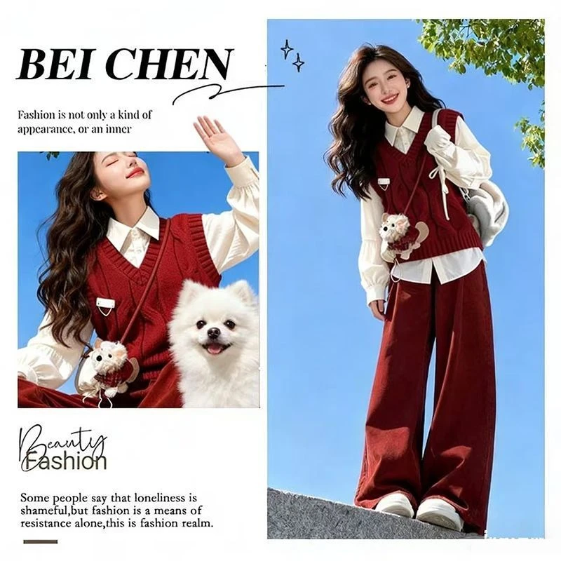 圣诞新年少女穿搭韩版宽松红色针织马甲+衬衫高腰灯芯绒裤三件套