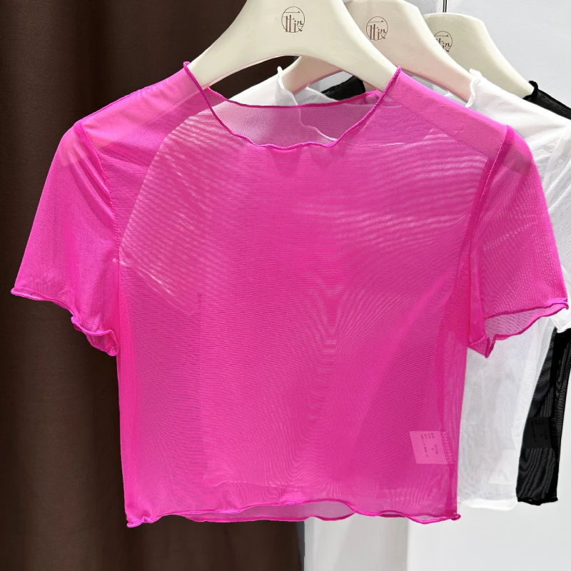 粉色透视圆领蕾丝上衣2025秋季新款洋气短袖短款镂空网纱T恤薄款