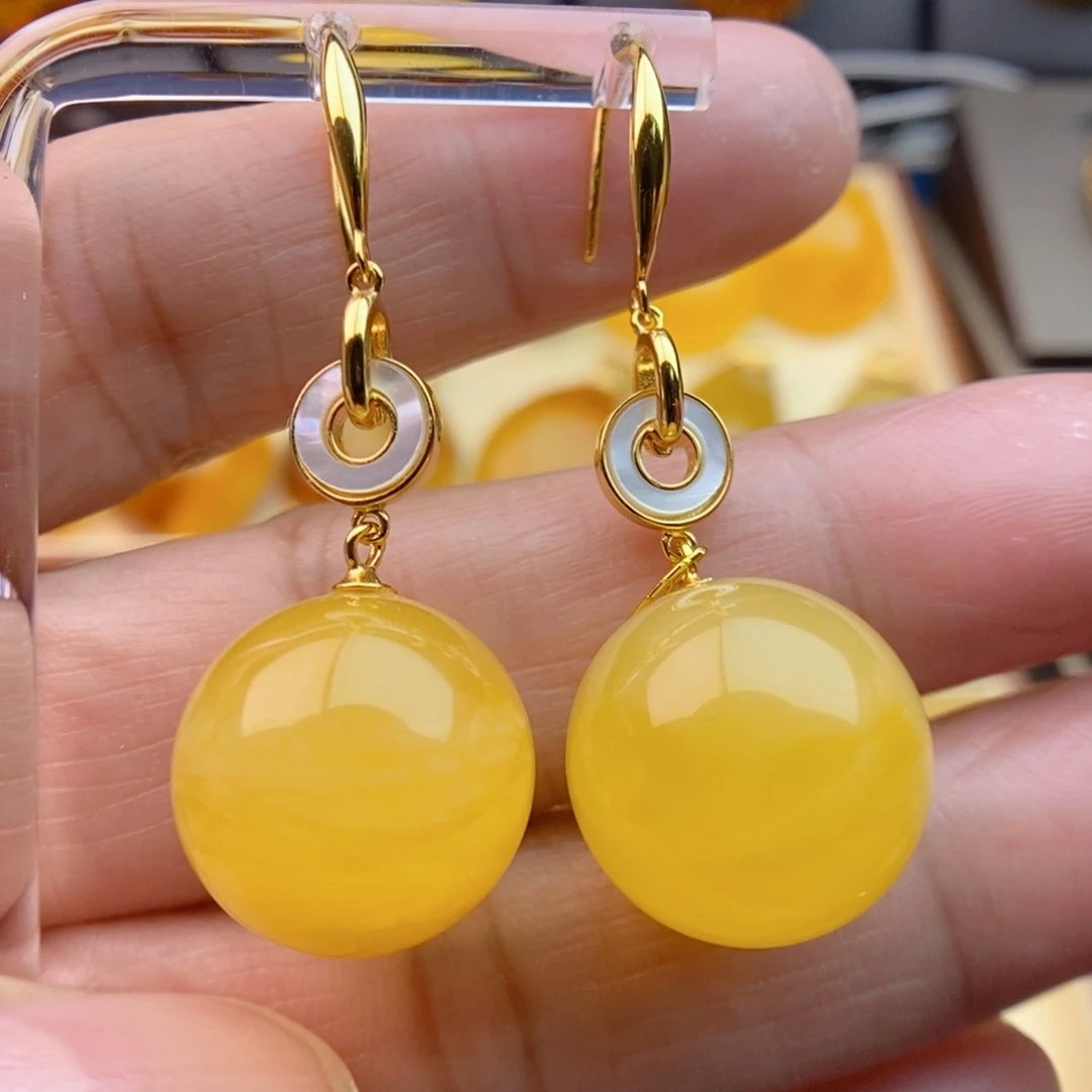 琥珀耳饰银S925镀金镶嵌