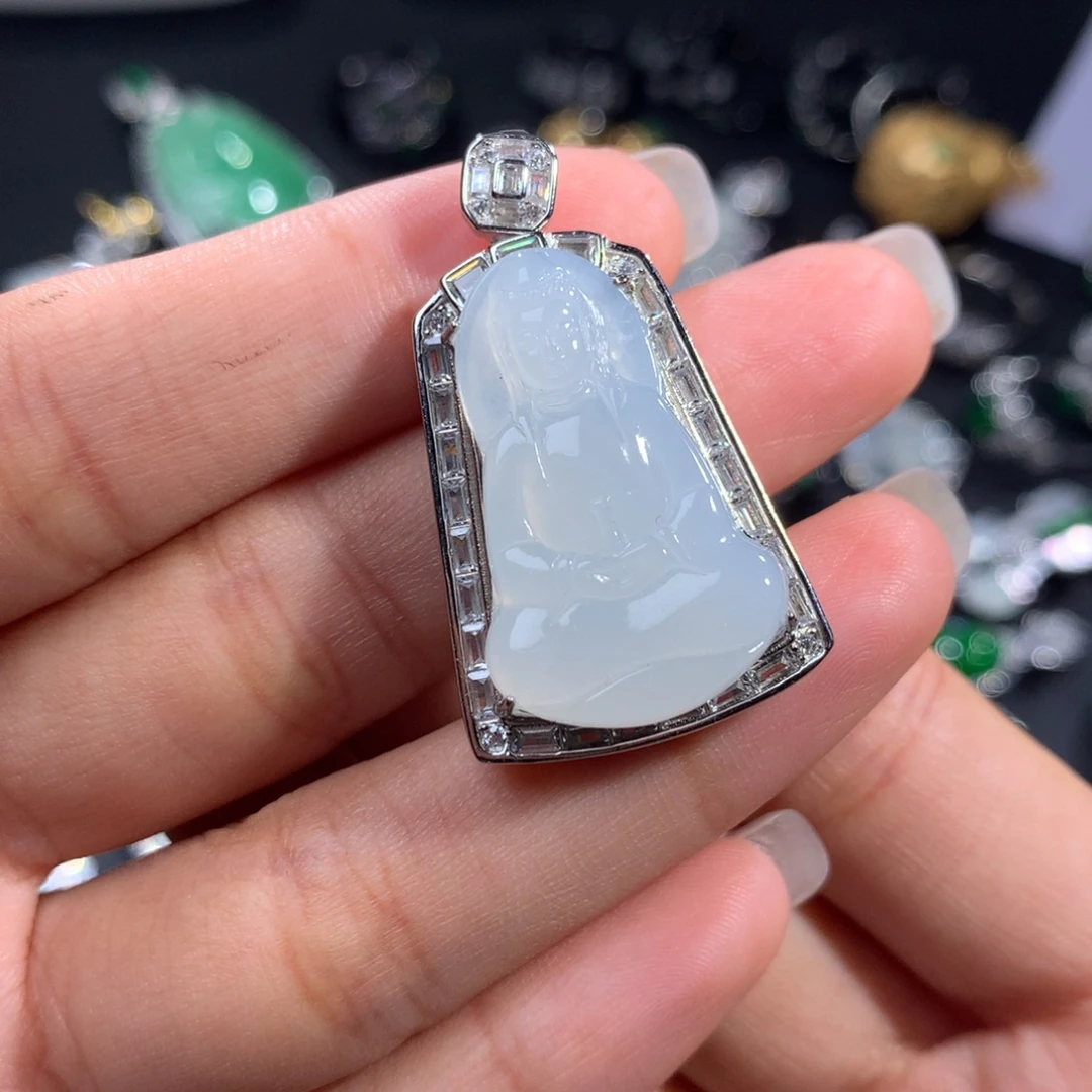 翡翠裸石银S925镶嵌素衣吊坠