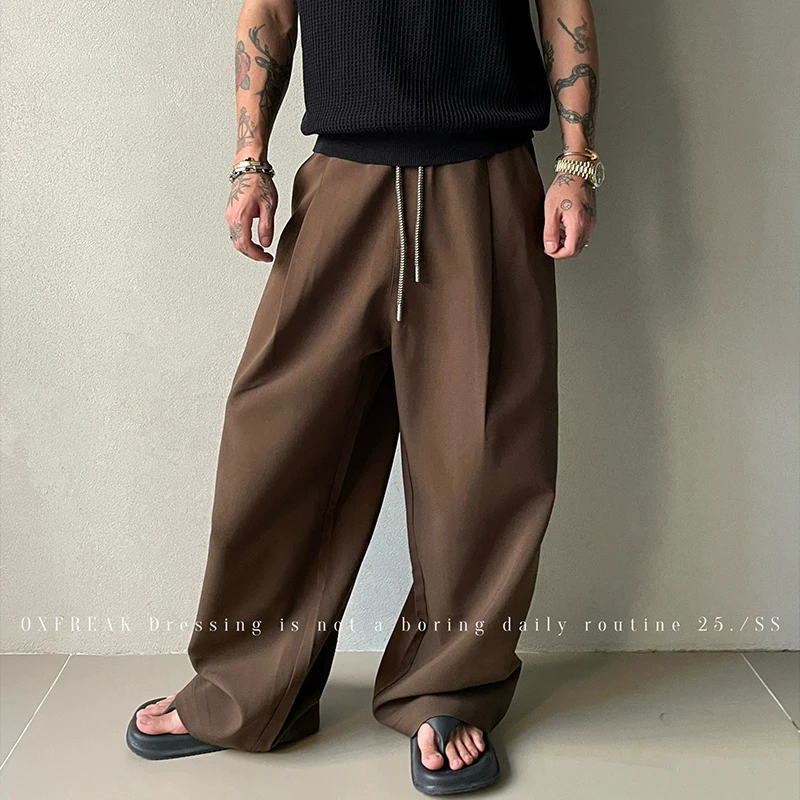 OXFREAK 「竹节纹理 挺阔感」咖色垂感休闲裤男直筒宽松弯刀裤子