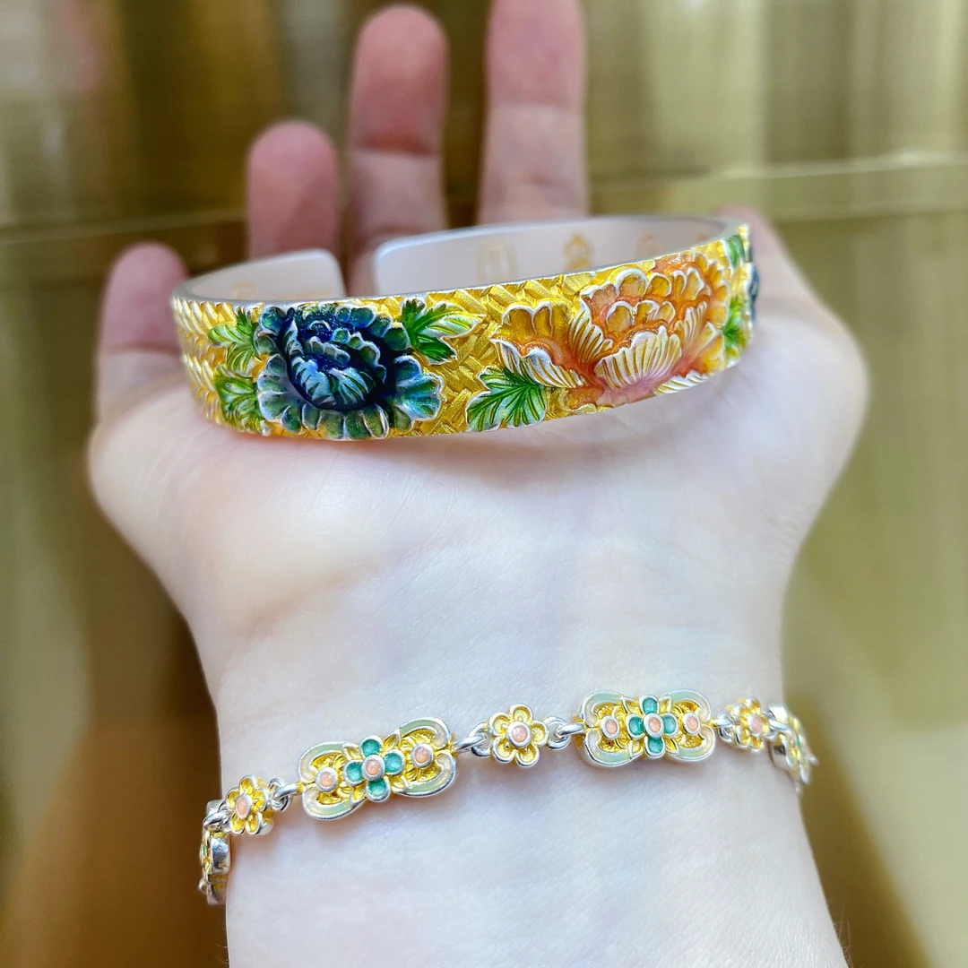 足银手镯 纯手工足银999.9手镯牡丹花开富贵珐琅描金银手镯女国风