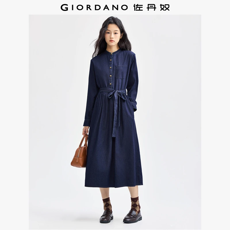 佐丹奴裙子女装纯棉牛仔绑带小立领半开襟连衣裙 13464765