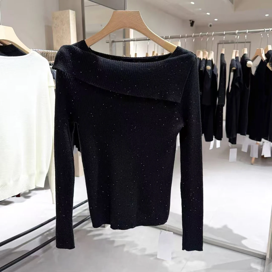 胸74-150长55大圆领亮片细闪混织长袖显瘦针织上衣 3773