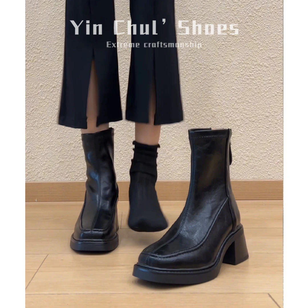 静音底复古高跟短靴女方头切尔西靴2025秋冬新款马丁靴粗跟瘦瘦靴