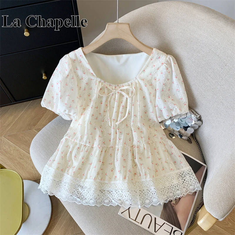 拉夏贝尔小清新碎花方领衬衫女夏季减龄泡泡袖小衫蕾丝边短款上衣