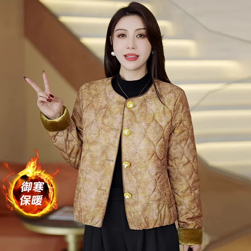 新中式国风短款圆领棉服女冬季新款加厚保暖金扣气质棉袄轻薄外套