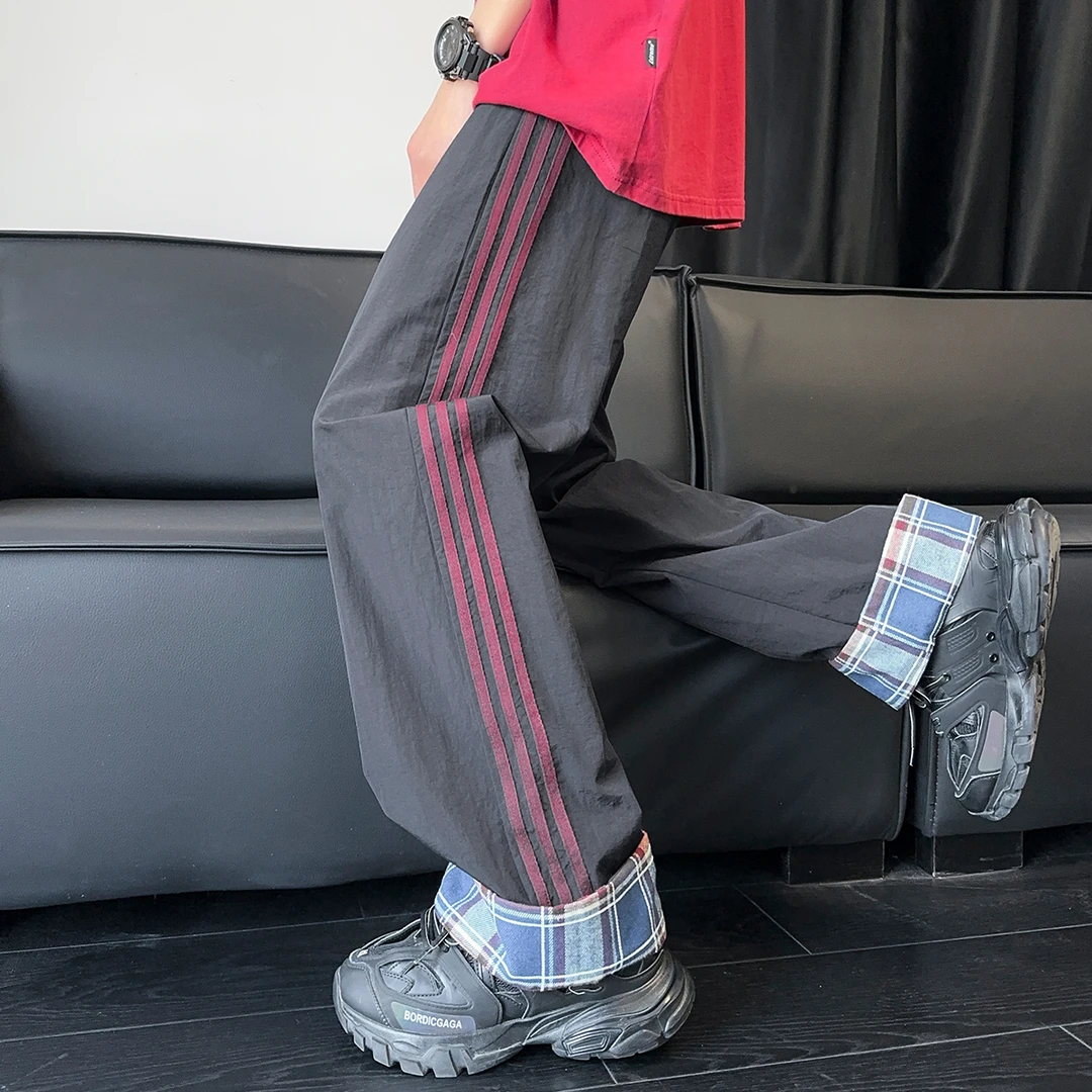 2025春季美式休闲裤男潮流百搭直筒格子拼接百搭条纹垂感长裤日系