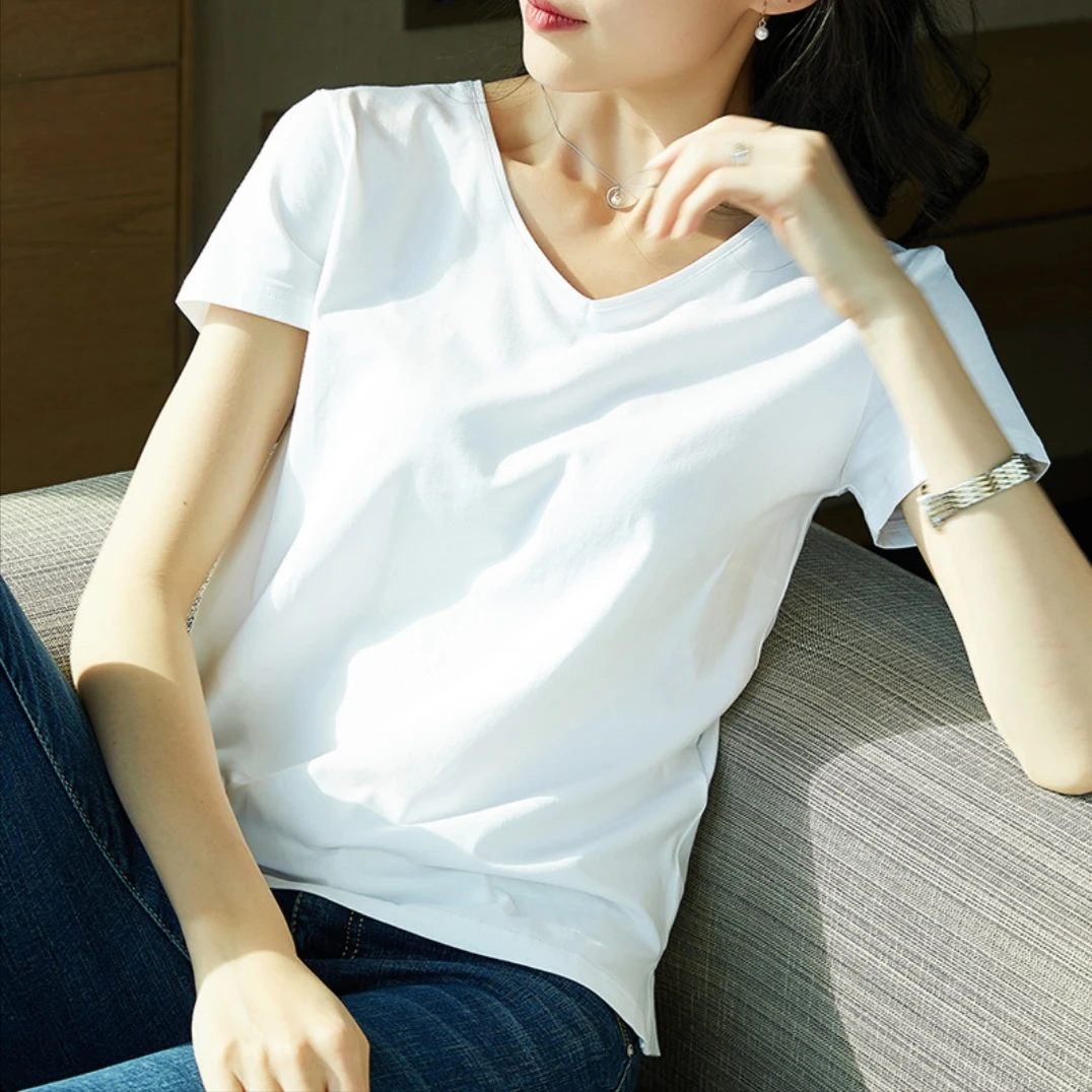 清 清 清」女式V领气质基础款纯色短袖T恤L40004