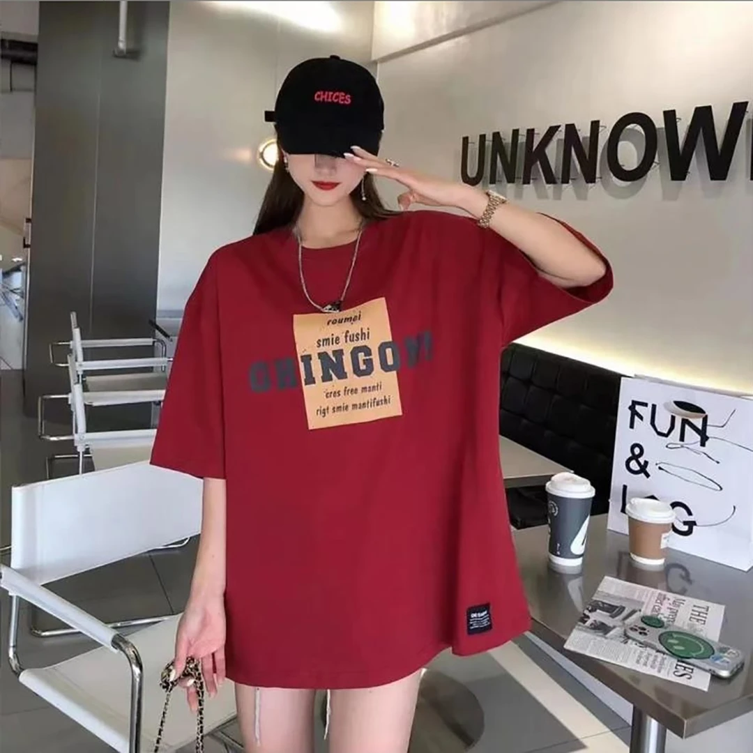 夏季新款 字母方框印花短袖T恤韩版宽松圆领时尚中长款显瘦上衣