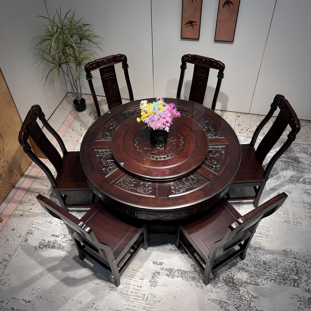 榫卯全实木餐桌家用菠萝格木圆桌现代轻奢餐桌圆形雕花客厅吃饭桌
