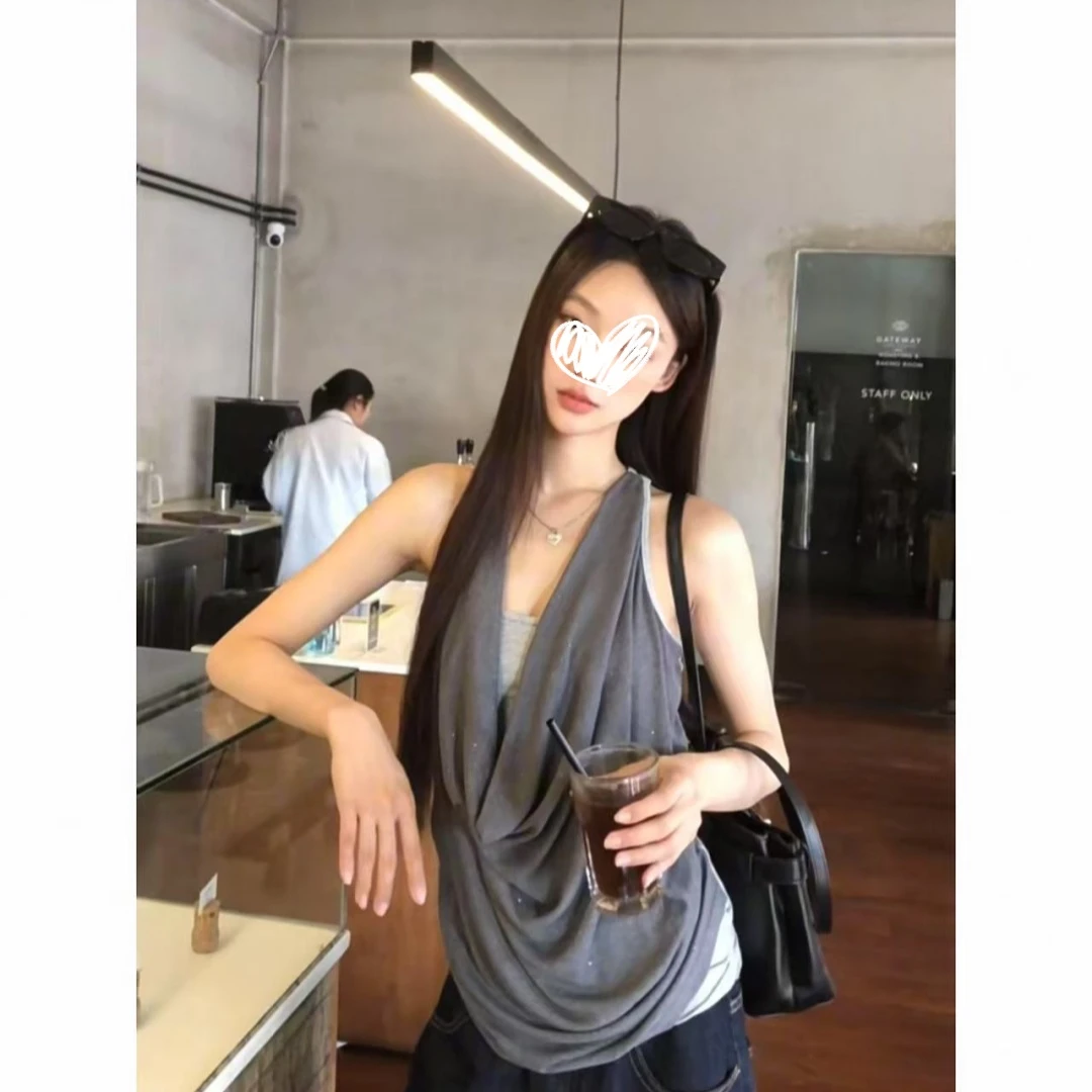 美式新款荡领挂脖吊带背心女春夏闪闪亮片假两件修身无袖女上衣潮