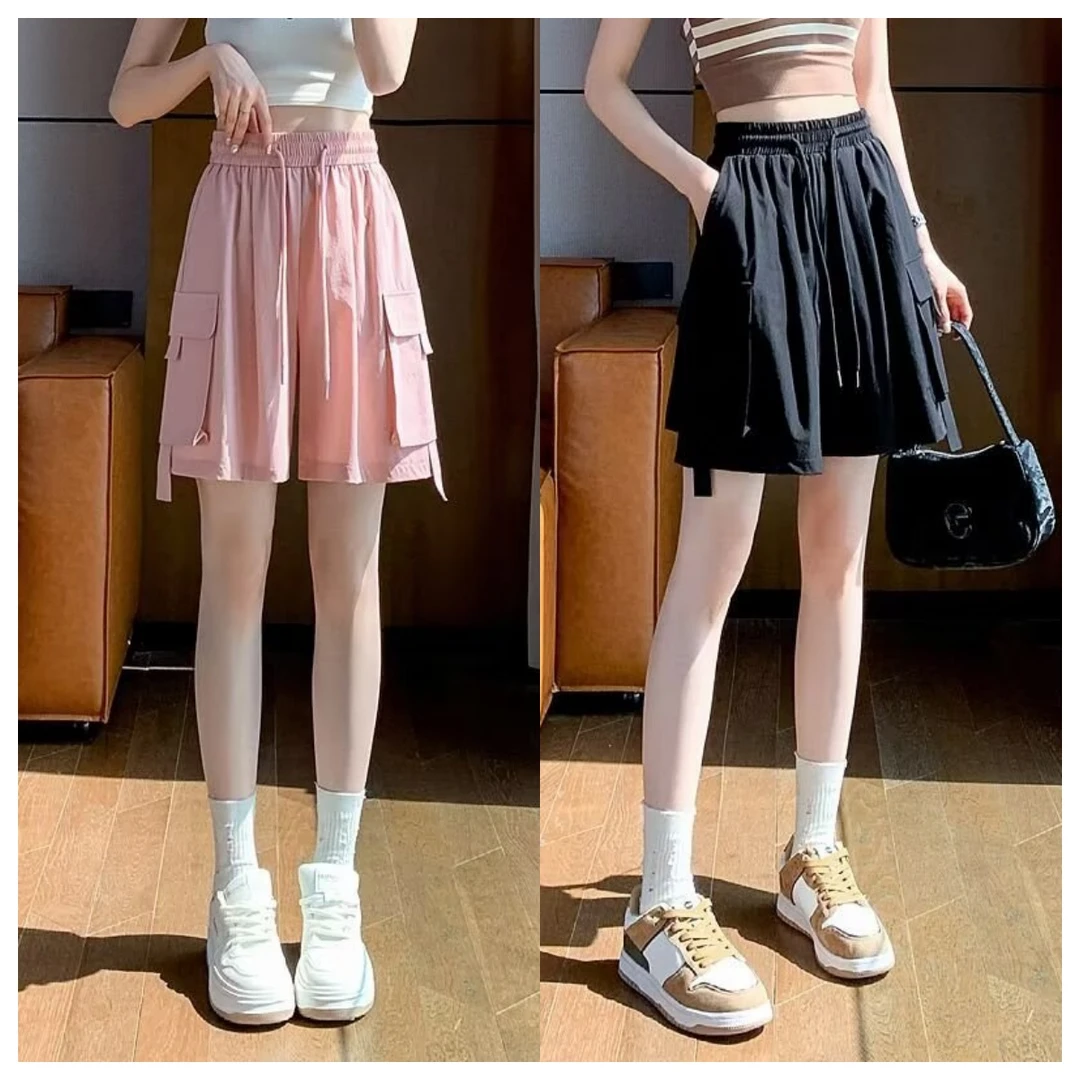 女童冰丝工装短裤夏季薄款2025新宽松粉色休闲中裤阔腿五分运动裤